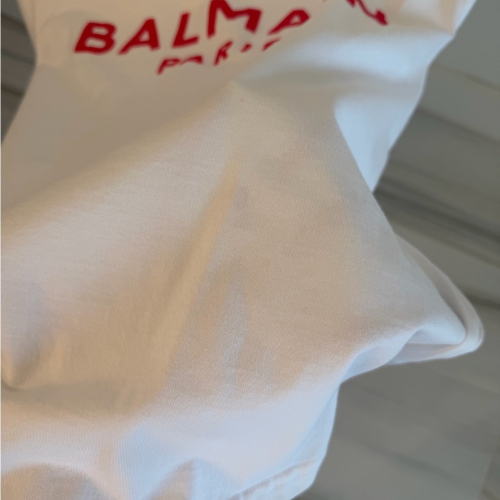 Balmain White Short Sleeve Tee with Red Logo - Picture 6 of 6